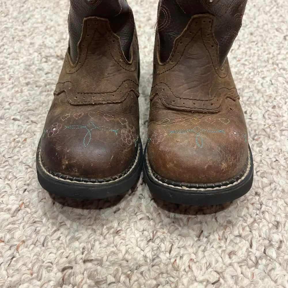 Justin Girls Cowboy Boots Light Up Sz 3D Leather Brown Pink Western Casual